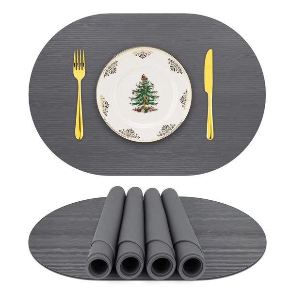 Silicone Placemats, Oval Placemats for Dining Table, Non-Slip Kids Placemats, Waterproof Heat Resistant Washable Indoor & Outdoor Placemat for Patio Table (Dark Gray-Oval)