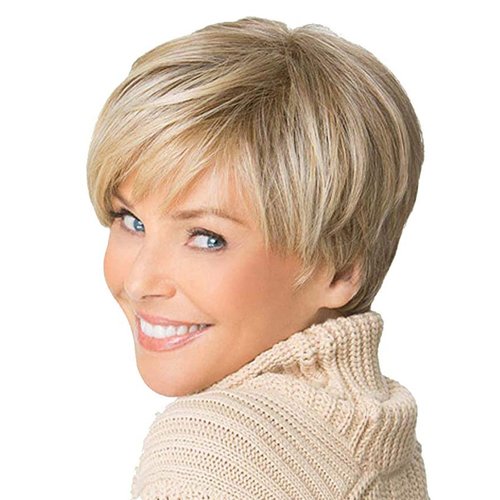 Royalfirst Short Blonde Wig with Bangs Pixie Cut Layered Wigs for Women Lady Synthetic Fiber Glueless Wigs Fluffy Natural Looking