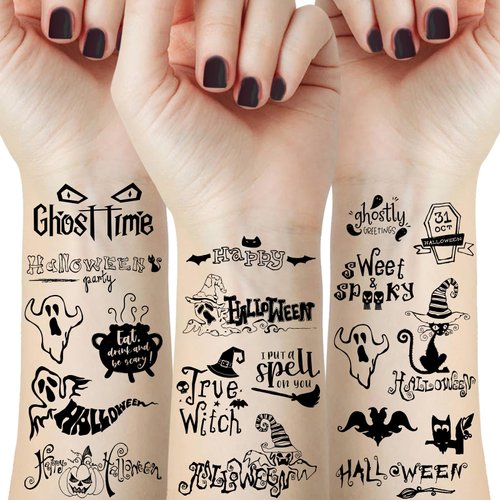 38 Pcs Halloween Temporary Tattoos, Black Spider Bat Pumpkin Ghost Cat Fake Tattoo Stickers for Kids Men Women Face Body Arm Halloween Party Decorations Supplies Favors