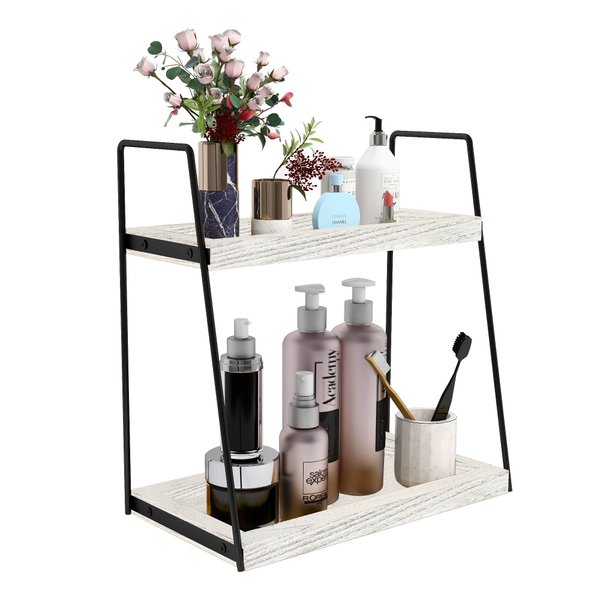 Dorhors 2 Tier Bathroom Storage Organizer,Vanity Trays for Bathroom Counter,Wood Counter Standing Rack for Bathroom,Dresser,Kitchen(Rustic White)