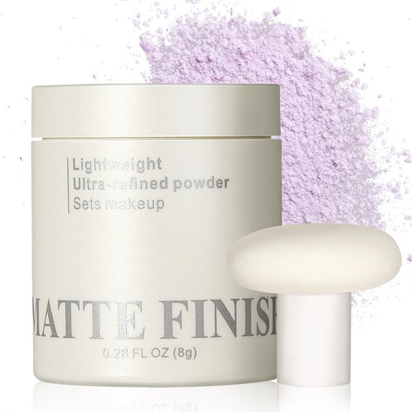 Erinde Lavender Purple Matte Setting Powder with Puff, Face Loose Translucent Powder Makeup, Oil Control Long-Lasting Finishing Powder, Lightweight Waterproof Soft Focus Blurring Powder