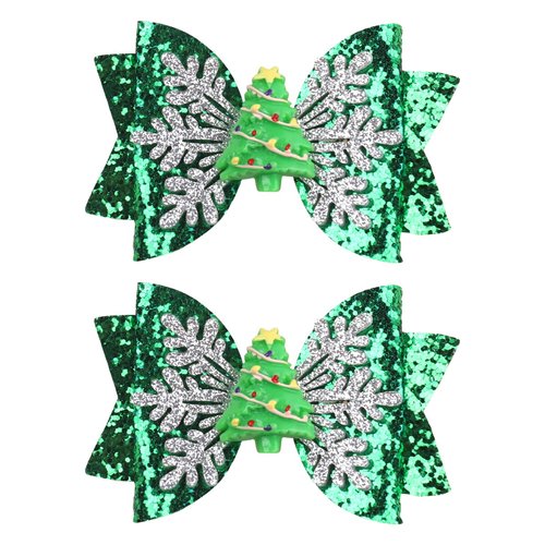 WRBAJIS Christmas Bows Hair Clips Glitter Christmas Tree Hair Barrettes White Snowflake Hair Accessories for Women Girls Xmas Holiday Party Decoration Supplies 2Pcs (Green)