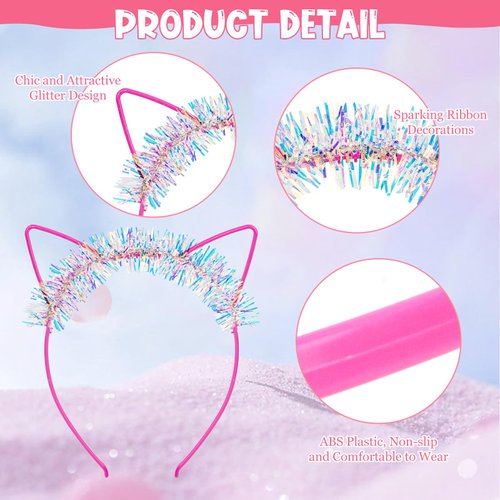 ANBALA Cat Ears Headbands 12Pcs Plastic Hairbands Glitter Cat Headbands Sparking Ribbon Hair Acce...