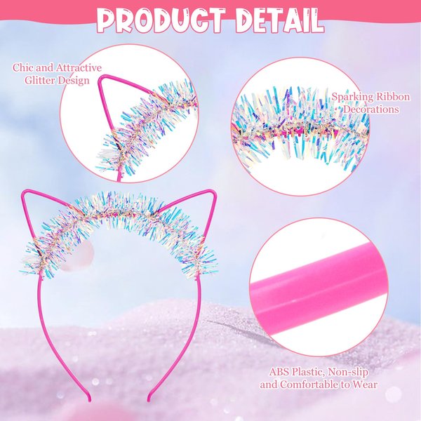 ANBALA Cat Ears Headbands 12Pcs Plastic Hairbands Glitter Cat Headbands Sparking Ribbon Hair Accessories for Women Girls Halloween, Daily Wearing and Party Favors (Colorful)