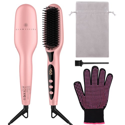 Ionic Straightening Brush, GLAMFIELDS Hair Straightener Brush with Anti-Scald, Anti Frizz, 30s Fast Ceramic Heating, Auto Temperature Lock & Auto-Off, Dual Voltage Straightening Comb for Home, Travel