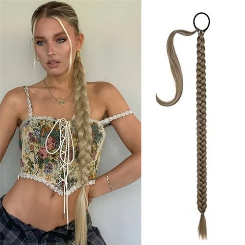 32 Inch Long Braided Ponytail Hair Extensions Wrap Around Ponytail DIY Straight Pony Tails Extensions for Black Women Elastic Ponytail Extensions Girls Magic Paste Ponytail (8#)