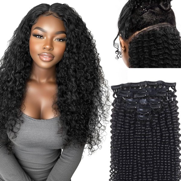 Seamless Clip in Hair Extensions Human Hair Kinky Curly Clip in Hair Extensions, 14 Inch 110g Natural Black Hair Extensions Clip ins, Ultra-thin 0.8mm PU Weft Clip in Hair Extensions Real Human Hair