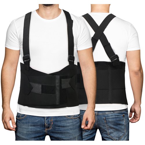 MABIS Deluxe Work Belt Back Support Brace with Adjustable, Removable Shoulder Straps, Fits 40 to 54, Black