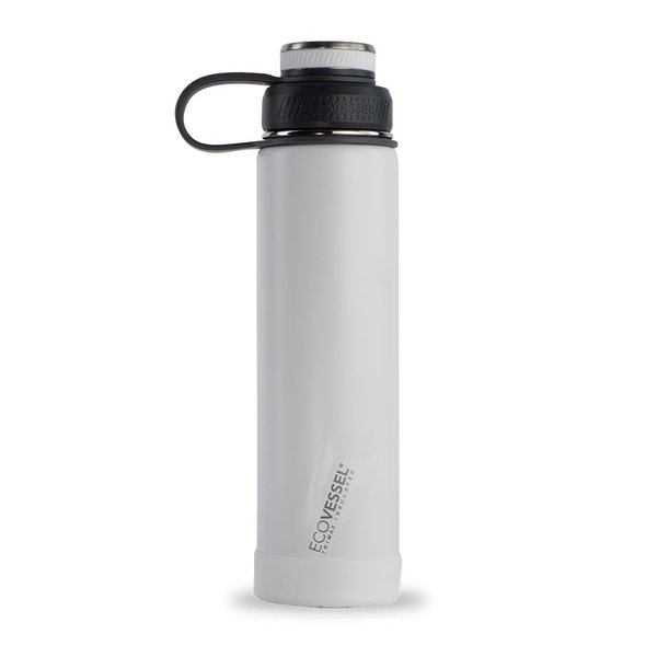 EcoVessel Stainless Steel Water Bottle with Insulated Dual Lid, Insulated Water Bottle with Strainer and Silicone Bottle Bumper, Coffee Mug – 24oz (White Out)