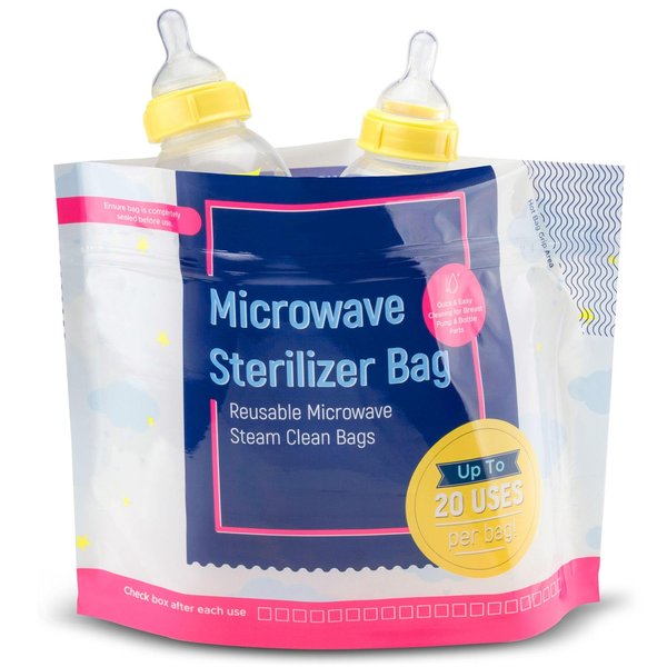 IMPRESA 15 Pack Microwave Baby Bottle Sterilizer Bags - 300 Uses Per Pack - Travel Baby Bottle Cleaner Microwave Sterilizer Bag - Breast Feeding Baby Travel Accessories - Use with Soothers & Teethers