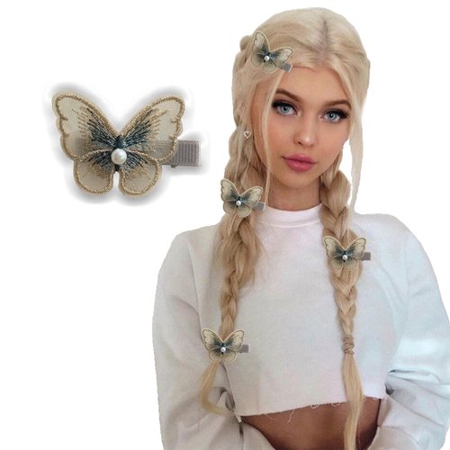 Lace Butterfly Hair Clips Embroidery Flower Pins Pearl Glitter Cute Elegant Lace Bows Hair Pins Mini Embroidery Barrettes Hair Accessory for Girls Teens Women (Yellow)