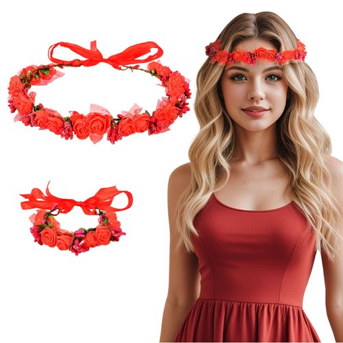 DOCILA Floral Crown Wrist Bands Set Women Vintage Red Rose Flower Wreath Headbands Fairy Garland Hair Bands Bracelets Bridal Wedding Festival Parties Costume Outfits Hair Accessories