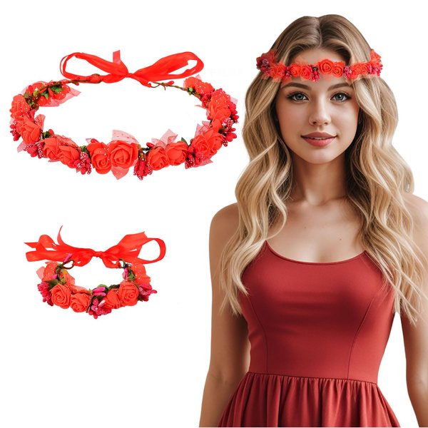 DOCILA Floral Crown Wrist Bands Set Women Vintage Red Rose Flower Wreath Headbands Fairy Garland Hair Bands Bracelets Bridal Wedding Festival Parties Costume Outfits Hair Accessories