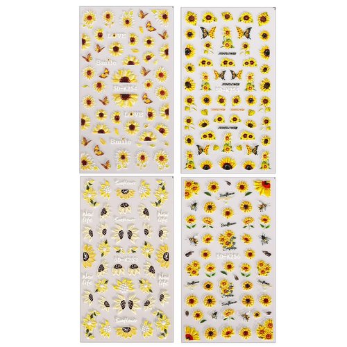 Sunflower Nail Art Stickers 5D Embossed Summer Yellow Sun Flower Nail Decals Engraved Flower Nail Sticker Pegatinas Uñas Self Adhesive Nail Accessories for Women Girls Manicure Decoration 4 Sheets