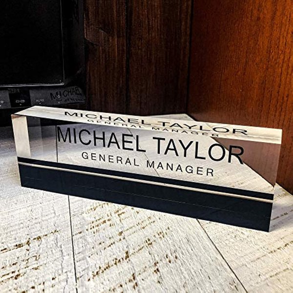 Artblox Office Desk Name Plate Personalized | Custom Name Plates for Desks on Acrylic Glass Decor | Office Desk Decor Nameplate | Desk Accessories | Black Stripe - (8" x 2.5")