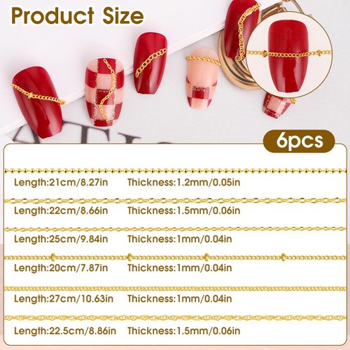 6 Strips Nail Charm Chains for Nail Art Chains Gold Studs Nail Charms Nail Strips Punk, 3D Nail Art Chain Supplies Metal Nail Caviar Beads Chain Accessories for DIY Nails Art Decoration