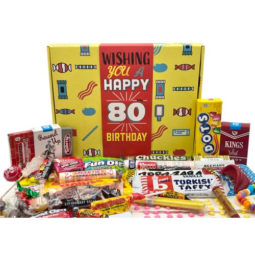RETRO CANDY YUM 80th Birthday Gifts for Women & Men - Classic 1944 Candy Pack for 80 Years Old Man, Woman - Assorted Retro Candy Basket Box for Mom, Dad, Grandpa, Grandma