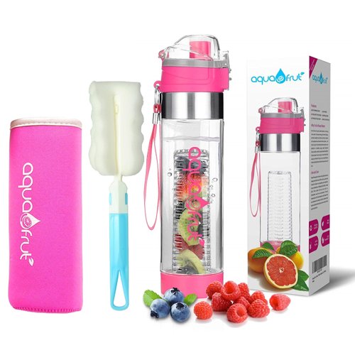 NEW AquaFrut Unique Bottom Loading Fruit Infuser Water Bottle Complete Bundle Includes Bottle Brush, Insulating Sleeve & Infusion Recipe eBook. Leak Proof Sweat Proof BPA-Free (Pink)