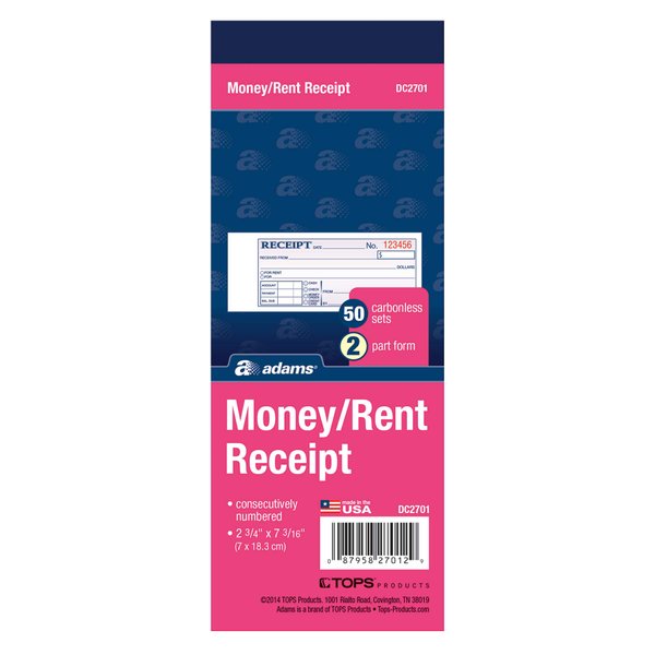 Adams Money and Rent Receipt Book, 2-Part, Carbonless, 2.75 x 7.19 Inch, 50 Sets, White and Canary (DC2701)