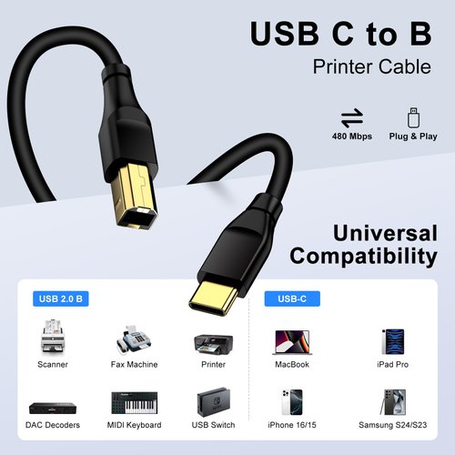 Printer Cable 10FT, USB C to USB B Scanner Cable for MacBook Pro, iPad, Samsung, HP, Epson, Canon, Brother, Lexmark, Xerox, USB C MIDI Cable for Yamaha Casio Digital Piano Keyboard, DJ Controller, DAC