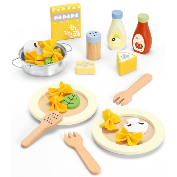 Pillowhale Pasta Food Toys, Wooden Play Kitchen Food , Play Food with Pots and Pans Playset, Kids Pretend Play Kitchen Accessories Toys Set for Girls Boys 3+Years Old