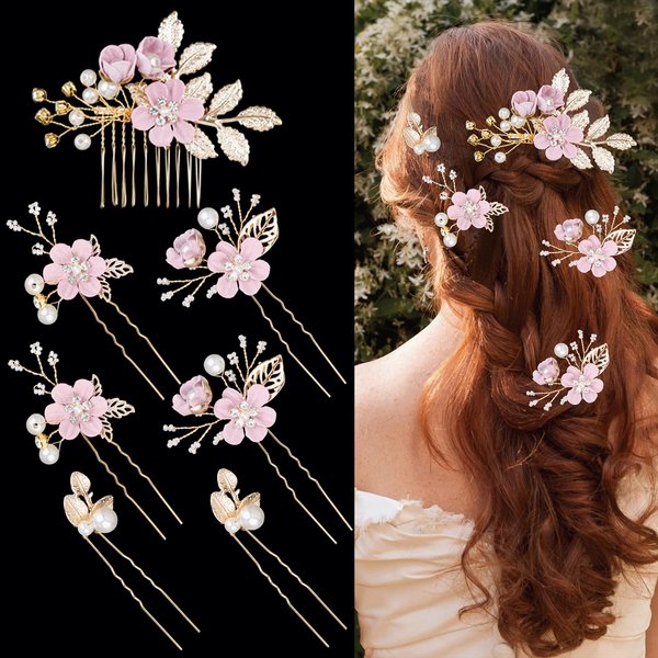 7 PCS Bridal Flower Wedding Hair Clips Crystal Pearl Hair Pins Headpiece Side Bridal Comb Gold Wedding Hair Accessories Jewelry for Brides Bridesmaids Women Girls Updo(Purple)