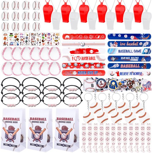 208Pcs Baseball Party Favors with Baseball Party Bags Baseball Whistle Mini Foam Baseball Ball Slap Bracelets Keychains Sticker Tattoo for Baseball Party Goodie Bag Fillers Party Decorations
