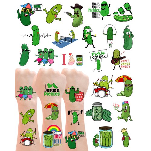 YanZonic 138 PCS Pickle Funny Temporary Tattoos Pickle Stickers - Pickle Gifts for Pickle Stuff Lovers, Suitable for Pickle Party Decorations and Pickle Birthday Decorations party favors, 15 Sheets