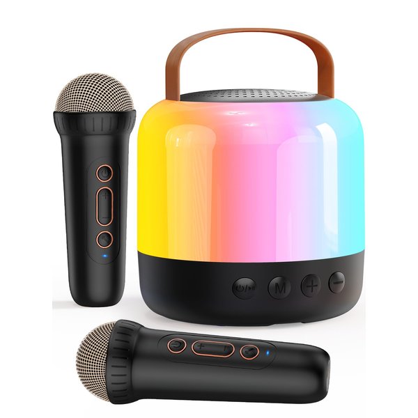Iyoyo Mini Karaoke Machine for Kids Portable Bluetooth 5.3 Speaker with 2 Wireless Kareokee Microphones, 360° Colorful LED Light Karaoke Toy Gifts for Girls Boys Ages 4-12 Birthday(Jet Black-2 Mic)