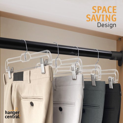 Hanger Central 12 Pack 14" Clear Skirt Hangers with Adjustable Clips, Non-Slip Plastic Pant Hangers, Slim Clip for Pants, Skirts, Shorts, 360-Rotating Swivel Hook…