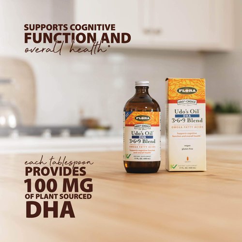 Flora Udo's Omega 3-6-9 Oil with DHA 17 Oz Supplement - Organic, Plant Based, Vegan DHA, Superior to Fish Oil - Supports Cognitive Function & Eye Health