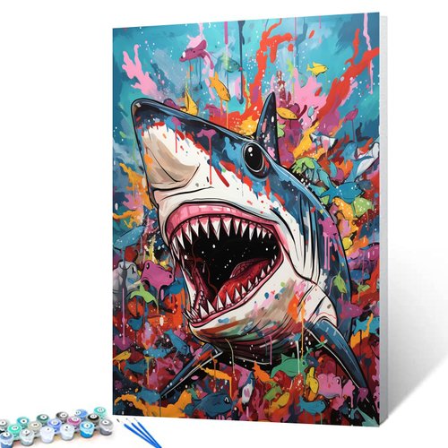 White Shark with Open Mouth DIY Paint by Numbers Graffitic Tropical Fish le Canvas Oil Painting Kit for Adults,16x20 inches Acrylic Pictures Sea Deep Wildlife DIY Arts Craft Boho Gift (DIY Frame)