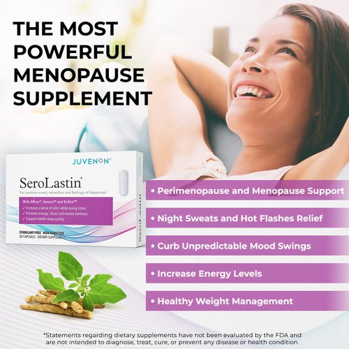 Juvenon Menopause Supplements for Women Mood Support, Hot Flashes Relief, Peri-Menopausal Support, Hormone Balance, Promote Calm, Energy, Clarity, Sleep, Natural Herbal Supplement, 20 Capsules