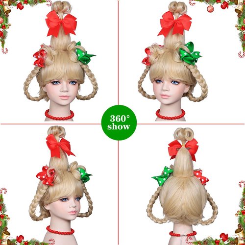 ColorGround Children's BLonde Braided Costume Wig with Red and Green Polka Dot Bows and Red Bead Necklace for Christmas Celebration Party(Blonde)