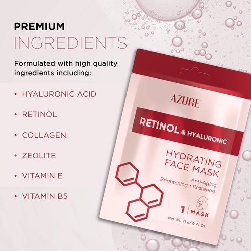 AZURE Retinol & Hyaluronic Acid Anti Aging Facial Sheet Mask - Rejuvenating & Hydrating Face Mask - Helps Reduce Fine Lines & Wrinkles, Smooths & Repairs - Skin Care Made in Korea - 5 Pack