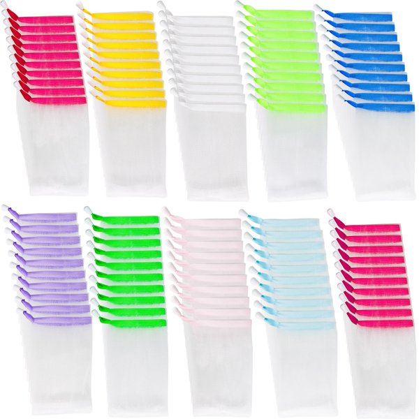 Trounistro 100 Pack Exfoliating Mesh Soap Bag Bulk Double Layer Mesh Soap Bags Soap Saver Pouch Bag with Drawstring for Bath Shower Face Washing, 10 Colors