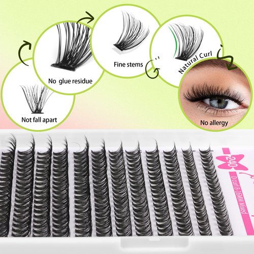Geeneiya Wispy Lash Clusters 40D Eyelash Clsuters DIY Individual Lashes Cluster Eyelash Extensions D Curl 8/9/10/11/12/13/14/15/16MM Mix Eyelash Extensions, Thin Band
