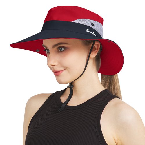 NPJY Ponytail Sun Hat for Men Women 3” Wide Brim UPF 50+ Fishing & Bucket & Beach Hats Red/Blue