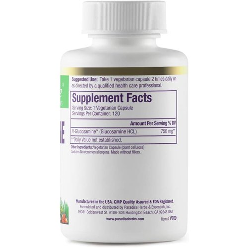 Paradise Herbs V-Glucosamine Supplement, Tissue & Joint Health, Super Potent, Ultra Pure, Vegan, Non GMO, Gluten Free, 120 Vegetarian Capsules