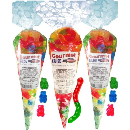 Gummy Bears (2) Assorted 12 Flavor Mix (1) Worms Wild Fruit Assorted (NET WT 33 OZ) Gourmet Kruise Signature Gift Bags Gummi