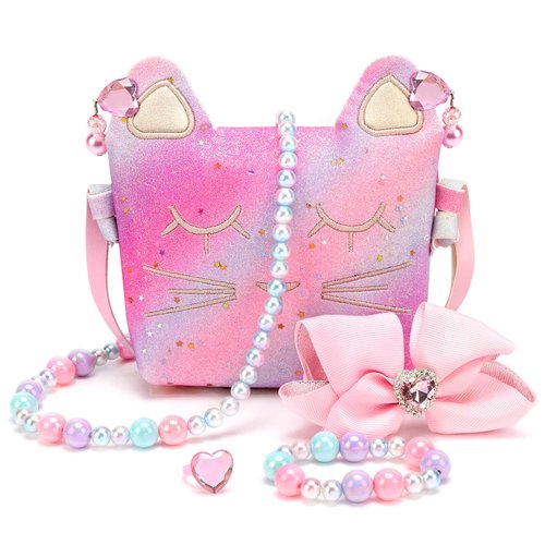Mibasies Purse for Little Girls Dress Up Jewelry Pretend Play Kids Accessories Gifts Presents (Pink Purple)