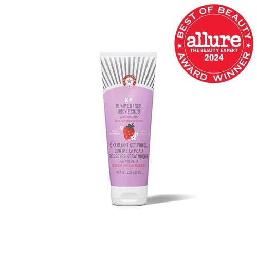 First Aid Beauty - KP Bump Eraser Body Scrub with 10% AHA, Keratosis Pilaris Exfoliater with Glycolic and Lactic acids, Helps Reduce Chicken Skin Bumps, Safe for Sensitive Skin, Strawberry Scent, 8 oz