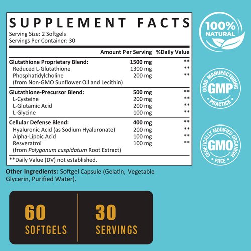 2400 MG Liposomal Glutathione Softgels, Max Absorption, Active Form L-Glutathione Reduced (GSH), with Hyaluronic Acid, Resveratrol, Master Antioxidants for Detox, Brain, Immune System, 240 Softgels
