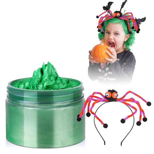 Temporary Hair Color Wax Kit, Stocking Stuffers for Teen Girls Age 4 5 6 7 8 9 10+, Hair Dye Color Wax Washable Natural Hair Styling for Girls with Halloween Spider Headband Cosplay(Green)