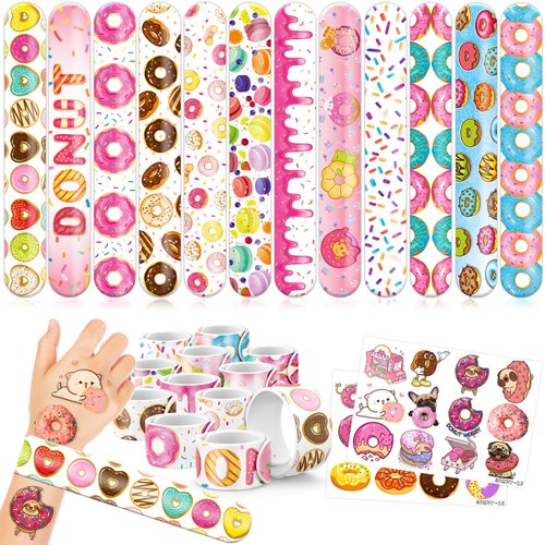 48PCS Donut Party Favors 24PCS Tattoos 24PCS Slap Bracelets Wristbands Themed Birthdays Party Supplies Decorations Decor Pattern Girls Boys Gifts School Classroom Prize Carnival Christmas Reward
