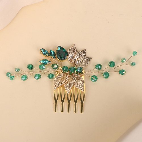 BERYUAN Bridal Emered Green Crystal Rhinestone Hair Comb Gold Leaves Green Rhinestone Wedding Headpiece Teardrop Crystal Rhinestone Wedding Headband for Women