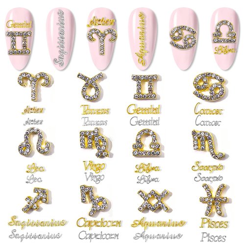 DANNEASY 36pcs Zodiac Nail Charms Nail Letter Charms Nail Rhinestones Gems Alloy Nail Jewels 3D Nail Art Charms Virgo Leo Aries Taurus Gemini Capricorn Nail Decoration Jewelry for Acrylic Nails