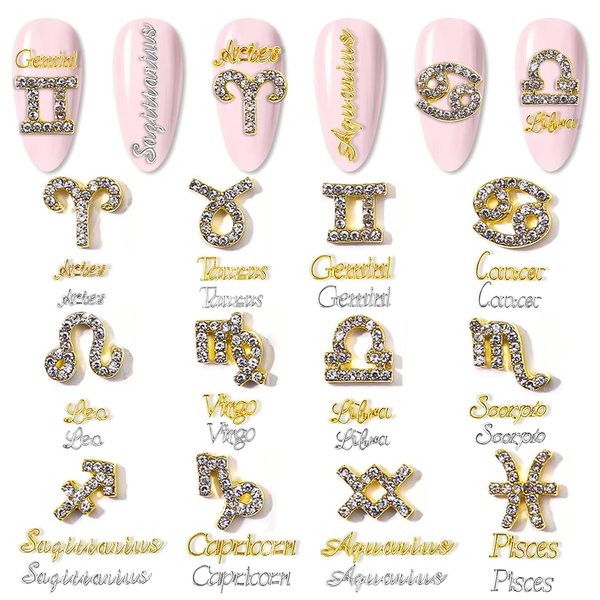 DANNEASY 36pcs Zodiac Nail Charms Nail Letter Charms Nail Rhinestones Gems Alloy Nail Jewels 3D Nail Art Charms Virgo Leo Aries Taurus Gemini Capricorn Nail Decoration Jewelry for Acrylic Nails