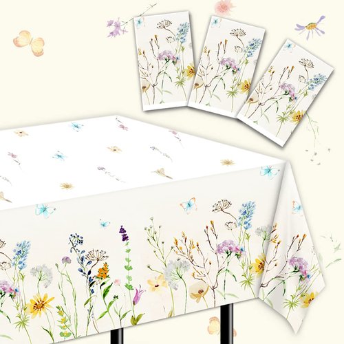 3Pcs Flower Tablecloth-Wildflower Party Decorations Spring Plastic Table Covers Flower Party Supplies for Baby Shower, Birthday,Picnic