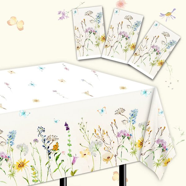 3Pcs Flower Tablecloth-Wildflower Party Decorations Spring Plastic Table Covers Flower Party Supplies for Baby Shower, Birthday,Picnic